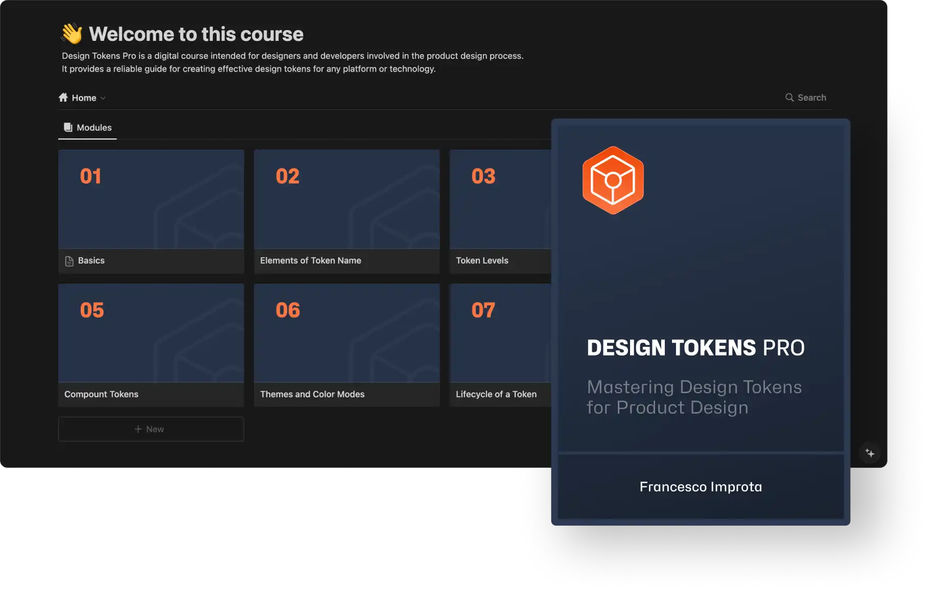 A preview of the digital course on design tokens, showing course modules